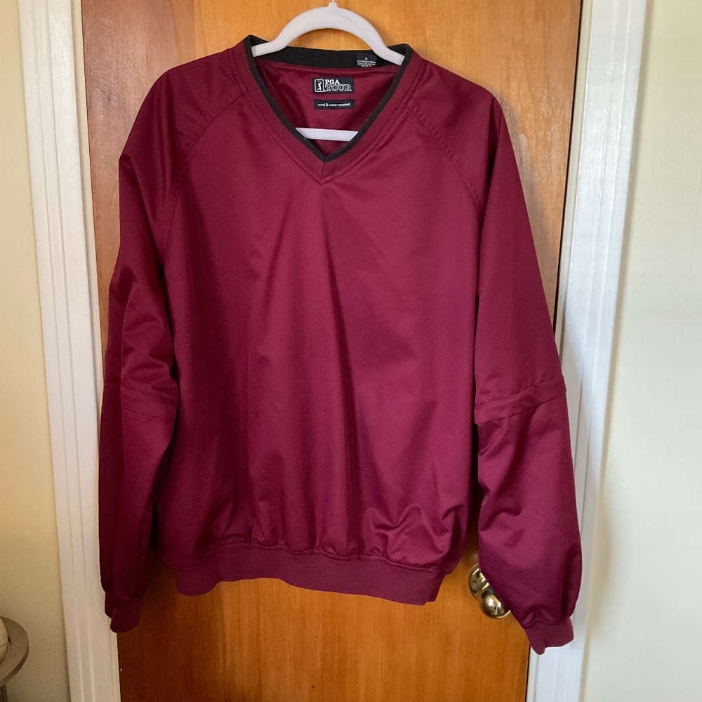 PGA Tour Mens Sz L Golf Pullover Maroon Long Sleeve V-Neck Zip Off Sleeve